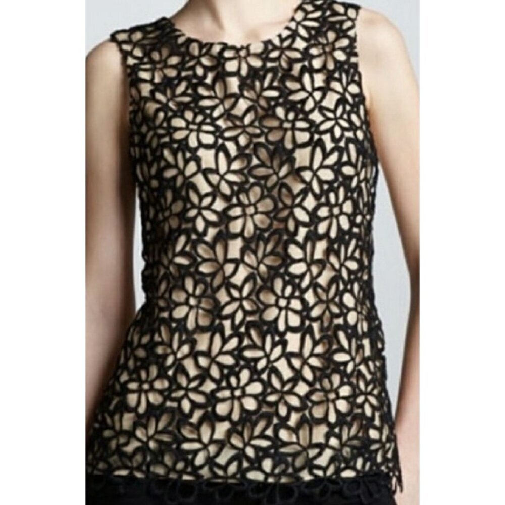 Lela Rose Target Neiman Marcus Crochet Lined Sleeveless Blouse Black Tan Large